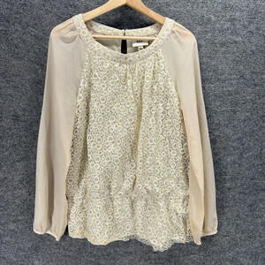 Eci Blouse Women XL Beige Floral Crochet Lined Long Sleeve Hook & Eye Casual